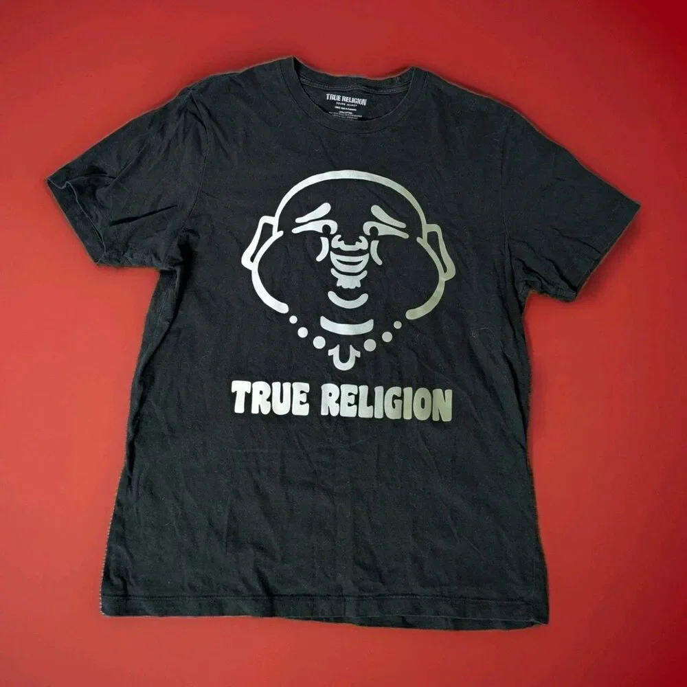 TRUE RELIGION BUDDHA Face T Shirt Size L Tee Mens LOGO Cotton Crew Black